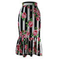 Womens Ruffles Pencil Skirt with Retro Printed Stripe Floral Tight Zipper Female Summer Elegant Jupe Midi Saias faldas Work Wear